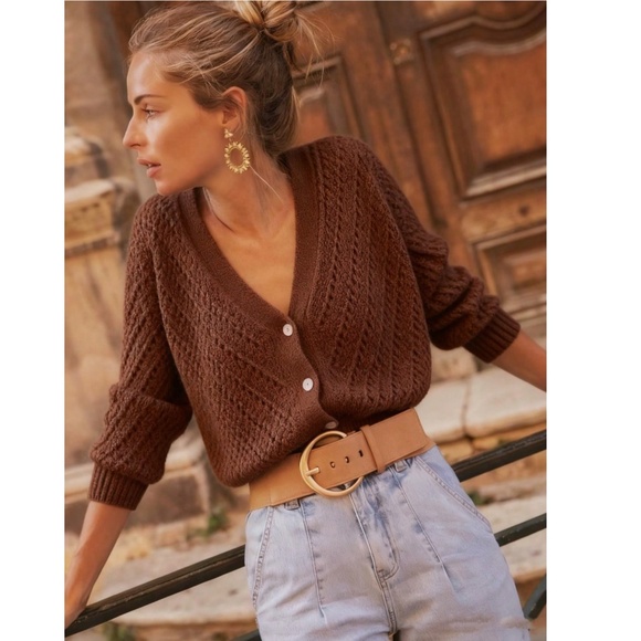 V-Cut Buttoned Down Brown Knit Cardigan Textured, Long Sleeve - Picture 4 of 5